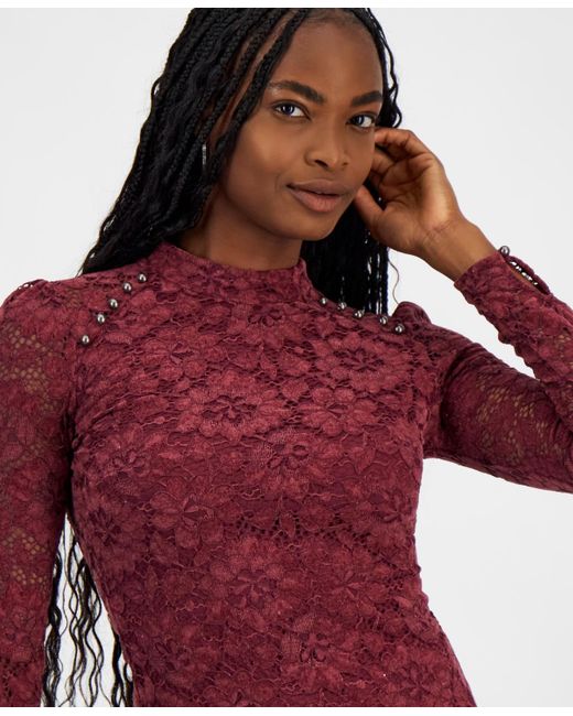 Guess Josephine Lace Mock neck Long sleeve Top in Red Lyst