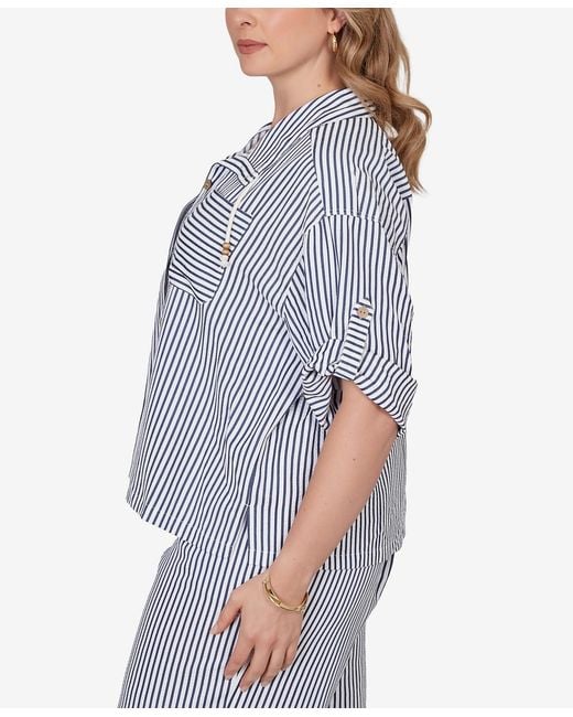 Ruby Rd Blue Plus Size Beaded Seersucker Portrait Collar Jacket