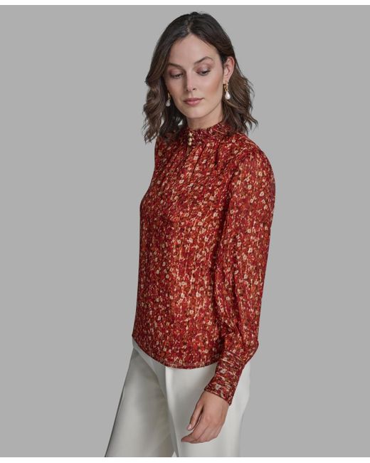 BCBGMAXAZRIA Red Printed Mock Neck Top