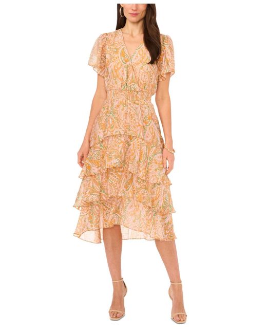 Vince Camuto Multicolor Printed Smocked-waist Faux-wrap Tiered Midi Dress