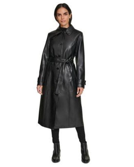 Calvin Klein Black Belted Faux Leather Trench Coat P Xs Xxl