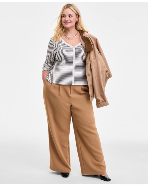 On 34th White Trendy Plus Striped V-neck Button-front Cardigan