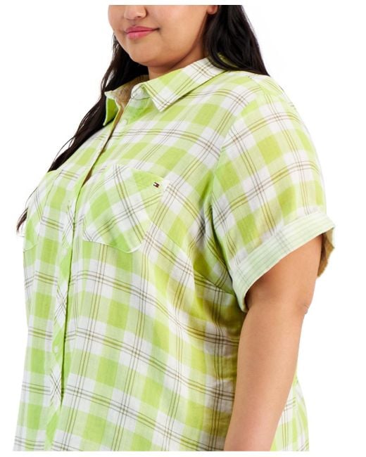 Tommy Hilfiger Green Plus Size Cotton Button-front Camp Shirt