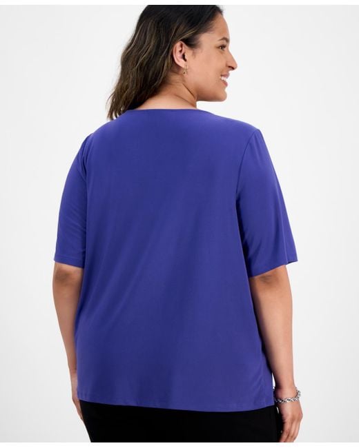 Kasper Blue Plus Size Elbow-sleeve Pleated-neck Top