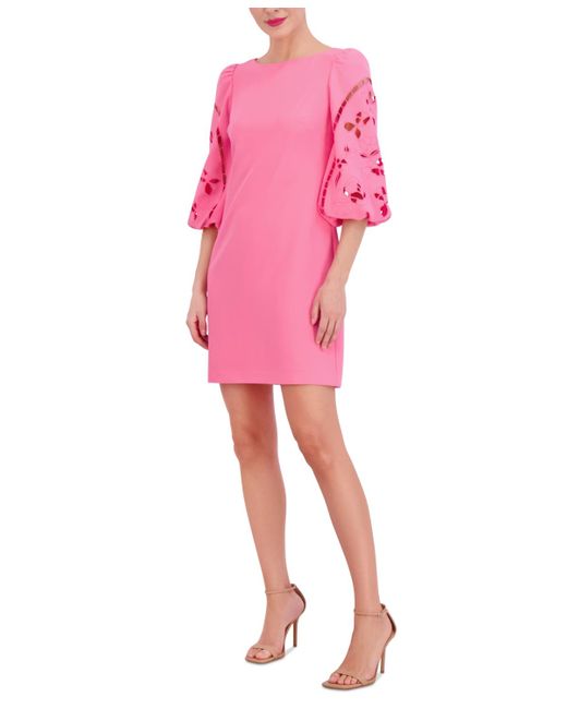 Vince Camuto Pink Signature Stretch Crepe Embroidered-sleeve Shift Dress