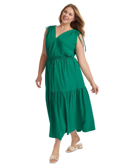 Calvin Klein Green Plus Size V-neck Sleeveless Tiered Midi Dress