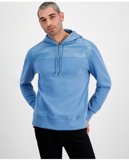 INC International Concepts Blue Regular-fit Faux-leather Pieced Hooded Sweatshirt for men