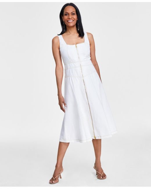 INC International Concepts White Cotton Zip-front Denim Dress