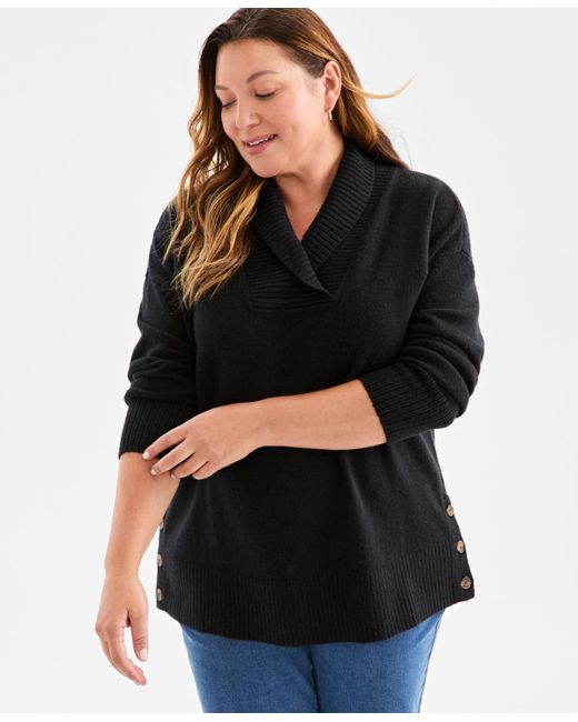 Style Women's Black Plus Size Solid Shawl-collar Tunic Sweater