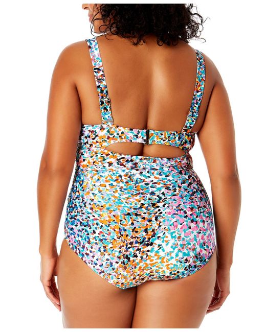 Anne Cole Blue Plus Size Abstract-print Draped-front One-piece Swimsuit