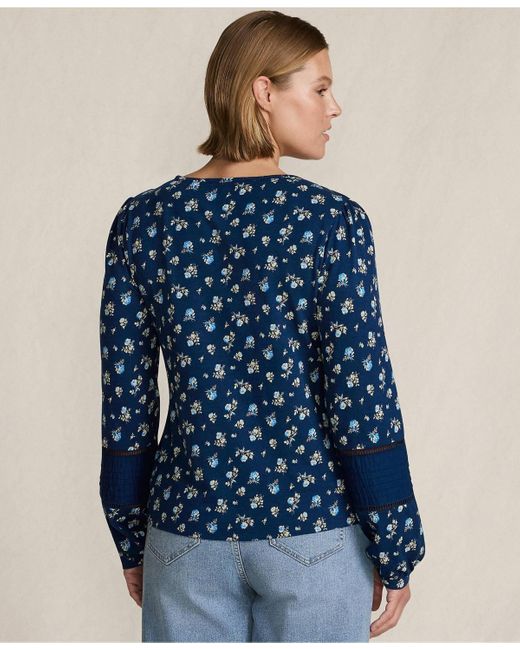 Lands' End Blue Plus Size Long Sleeve Slub Pintuck Top