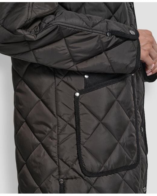 DKNY Gray Corduroy Collar Hooded Quilted Coat