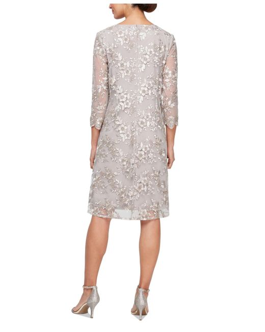 Alex Evenings Gray Floral Embroidered Mesh Jacket Sheath Dress
