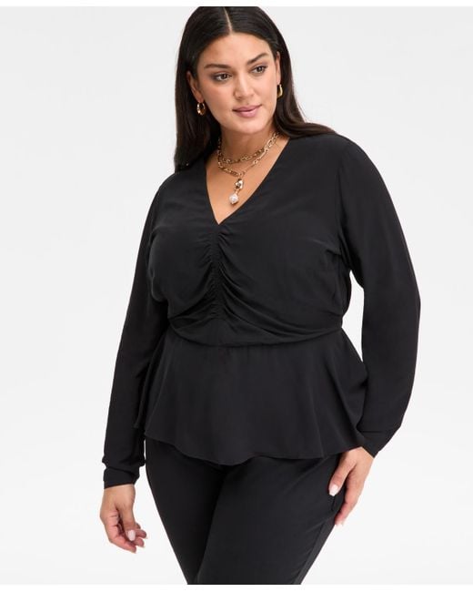 INC International Concepts Black Plus Size Long-sleeve Peplum Top