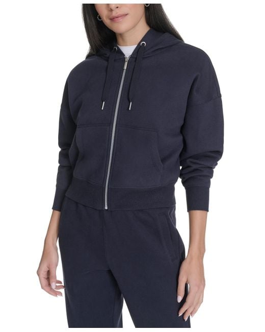 Calvin Klein Women's Blue Fleece Crop Zip-front Long-sleeve Hoodie