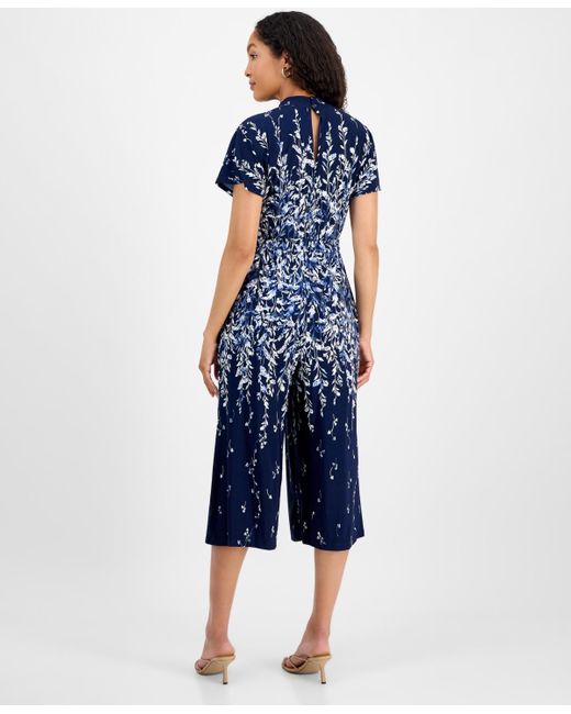 Sandra Darren Blue Petite Printed Cropped Flutter-sleeve Jumpsuit