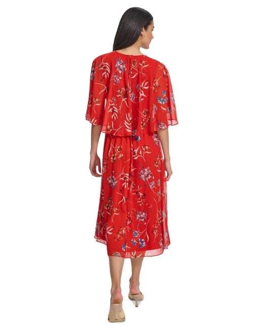 Calvin Klein Red Floral-print Draped-sleeve Dress