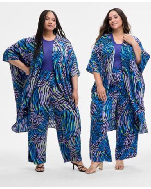 Nina Parker Blue Trendy Plus Size Printed Kimono Sheer Sweater Knit Tank Printed Wide Leg Pants