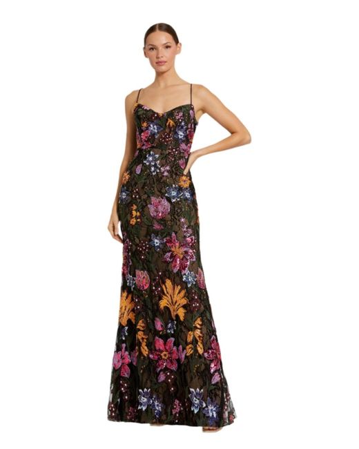 Mac Duggal White Spaghetti Strap Floral Embroidered Gown