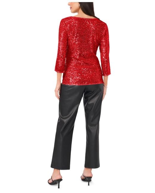 Vince Camuto Red Sequined Cowlneck 3/4-sleeve Top