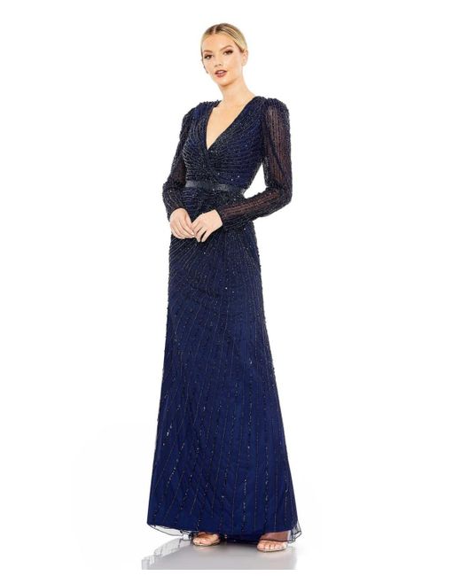 Mac Duggal Blue Sequined Wrap Over Long Sleeve Gown