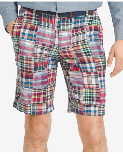 Izod Red Men's Madras Patchwork Flat-front Shorts for men