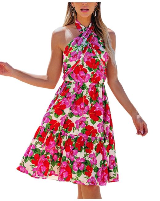 CUPSHE & Red Floral Crossover Halterneck Mini Beach Dress