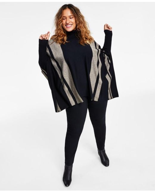 Alfani Plus Size Striped Poncho & Tummy-control Pull-on Skinny Pants,  Created For Macy's in Black