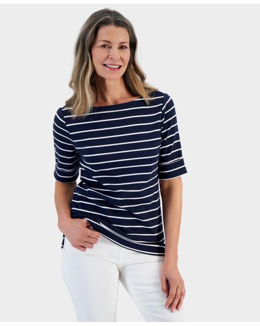 Style & Co. Blue Striped Boat-neck Elbow-sleeve Top