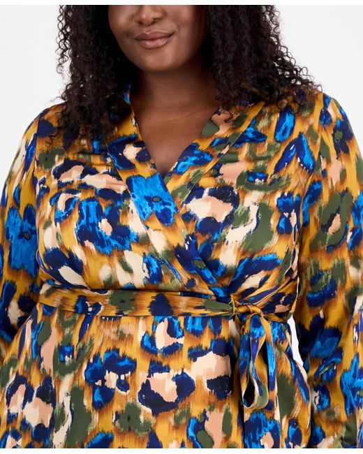 Tahari White Plus Size Printed V-neck Tie-waist Midi Dress