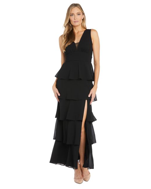 R & M Richards Black Multi-tiered Side-slit Gown