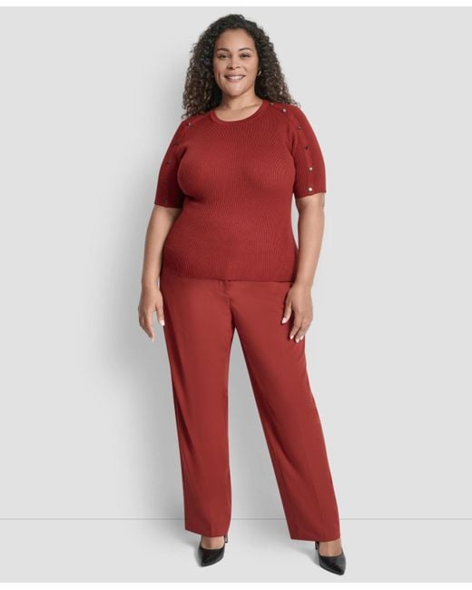 DKNY Red Plus Size Short-sleeve Button-detail Sweater