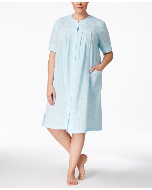 Miss Elaine Plus Size Embroidered Trim Robe In Blue Mint Fre