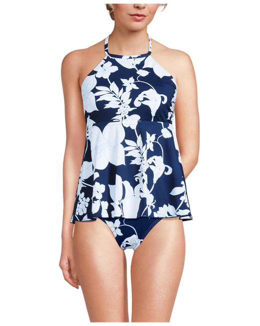 Lands' End Blue Flutter High Neck Halter Tankini Top