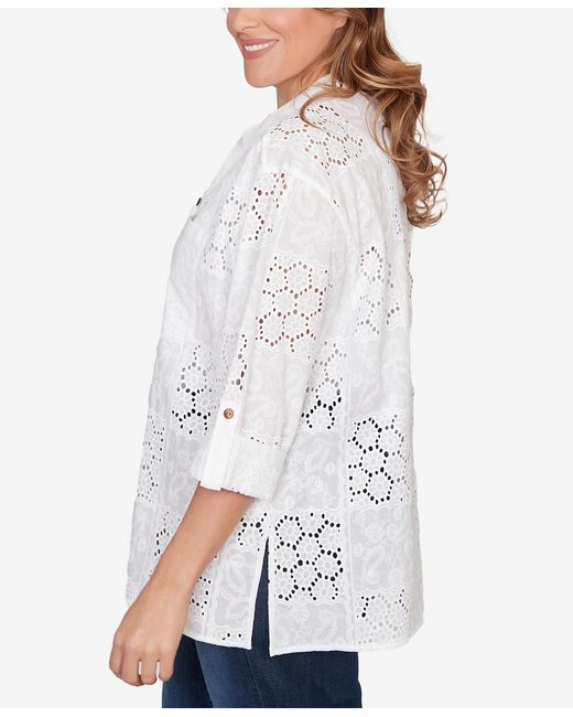 Ruby Rd White Plus Size Patchwork Eyelet Roll-tab Sleeve Top