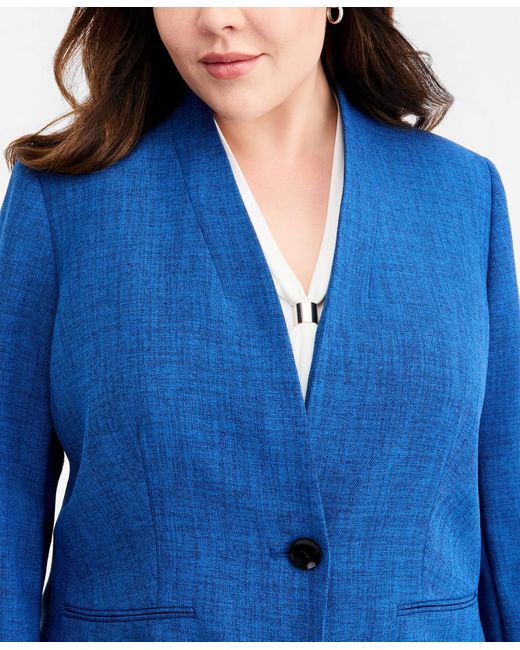 Kasper Blue Plus Size Collarless One-button Blazer