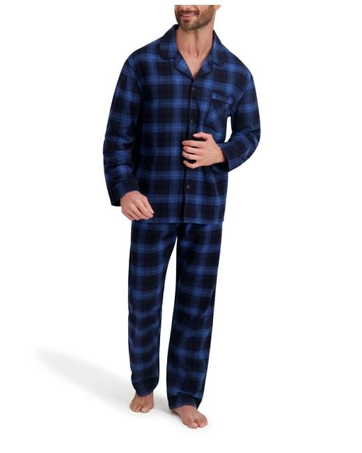 Hanes Blue Flannel Button Down Pajama Sleep Set for men