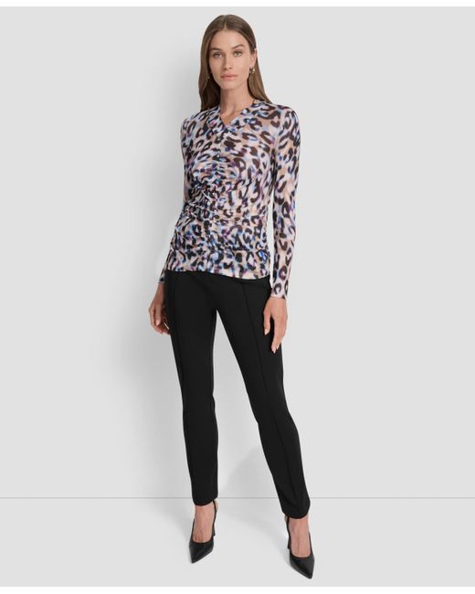 DKNY Multicolor Printed V-neck Ruched Top