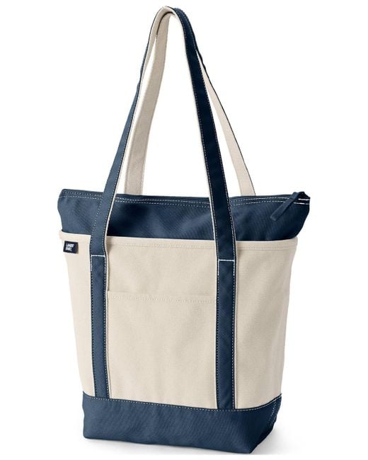 Lands' End Blue Medium 5 Pocket Zip Top Long Handle Canvas Tote Bag