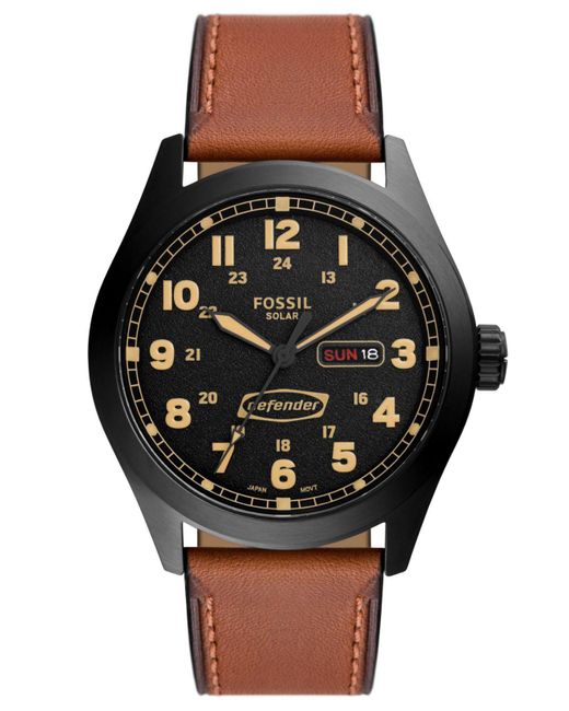 Fossil Defender Solar Brown Leather Strap Watch, 46mm in Black for Men