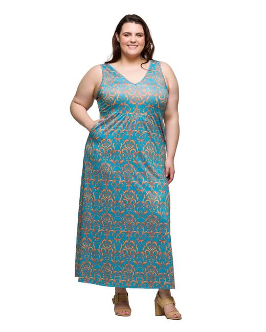 24seven Comfort Apparel Blue Plus Size Sleeveless V-neck Maxi Dress