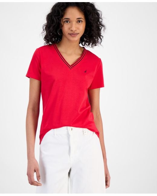 Nautica White Solid Stripe-trim V-neck