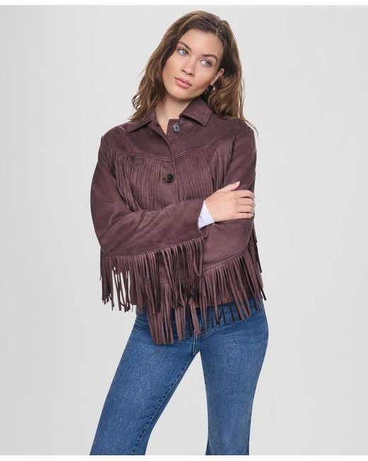 DKNY Blue Fringe Detail Collared Button-front Jacket