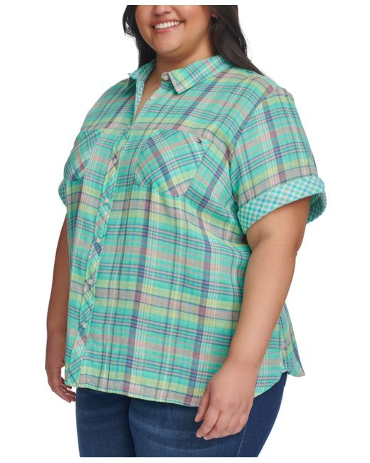 Tommy Hilfiger Blue Plus Size Plaid Short-sleeve Camp Shirt