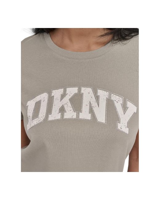 DKNY Gray Active Rhinestone-logo Distressed Crewneck Cotton T-shirt