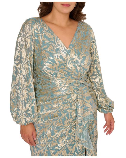 Adrianna Papell Green Plus Size Metallic Crinkle V-neck Ball Gown