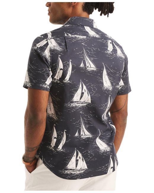 Nautica Black Sailboat Print Short Sleeve Button-front Shirt for men