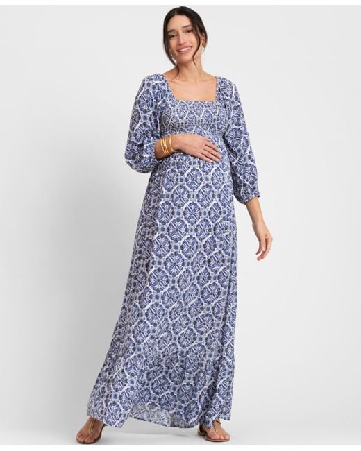 Seraphine Blue Maternity Crepe Shirred Bodice Maxi Dress