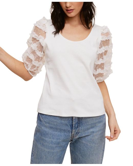 Fever White Ribbed Knit Top With Ruffle Mesh Puff Sleeve