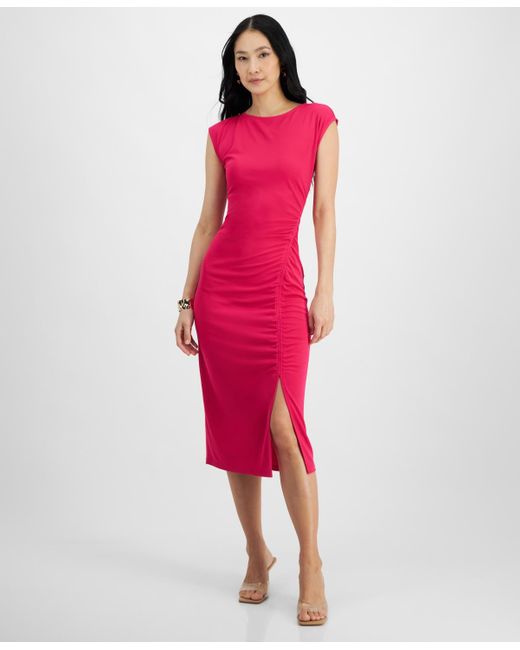 INC International Concepts Red Ruched Midi Dress